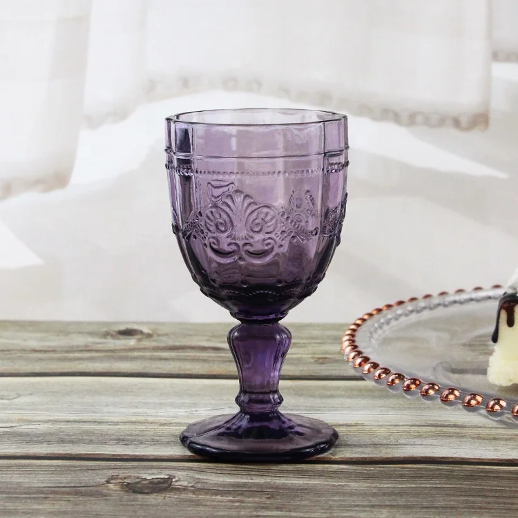 

Machine Pressed Personalized Embossed Wedding Round Butterfly Shape Purple Vintage Goblets Red Wine Glasses Colored Wine Glass