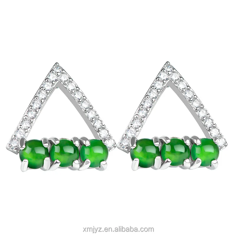 

Certified Grade A S925 Silver Inlaid Natural Emerald Green Ice Jade Stone Stud Earrings Fashion Simple Ornament