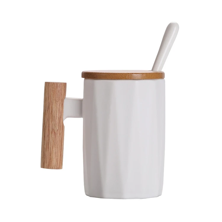 

Custom 11oz Mug Nordic Matte White Black Coffee Ceramic Cup with Wooden Handle Lid Spoon, Nordic matte white and black