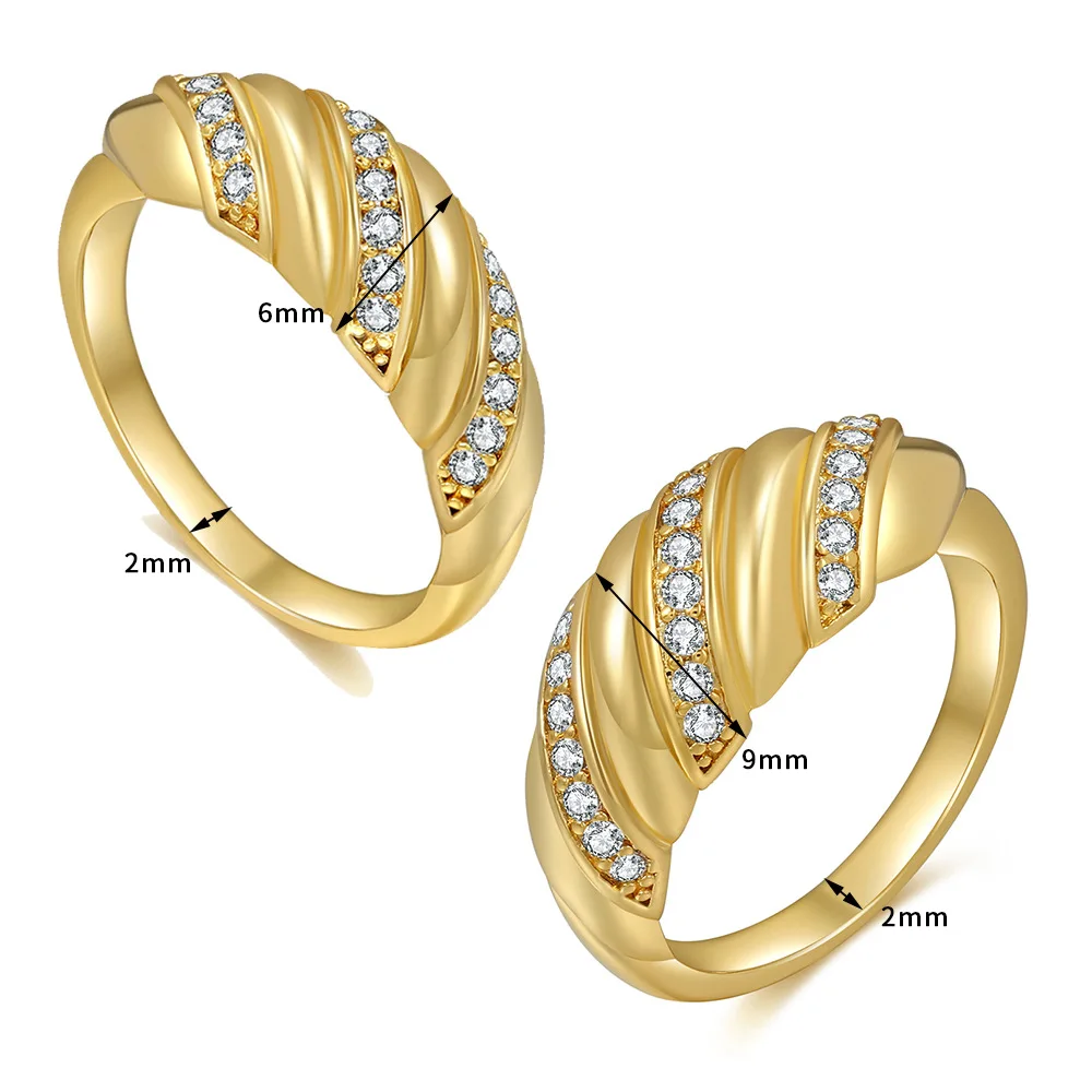 

New Hot Selling 18K Real Gold Zircon Twisted Ring Croissant CZ Band Ring