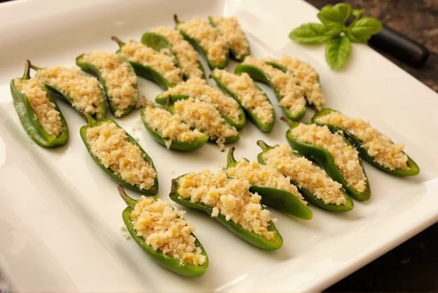 Jalapeño peppers being stuffed with cheese and breadcrumbs for baking