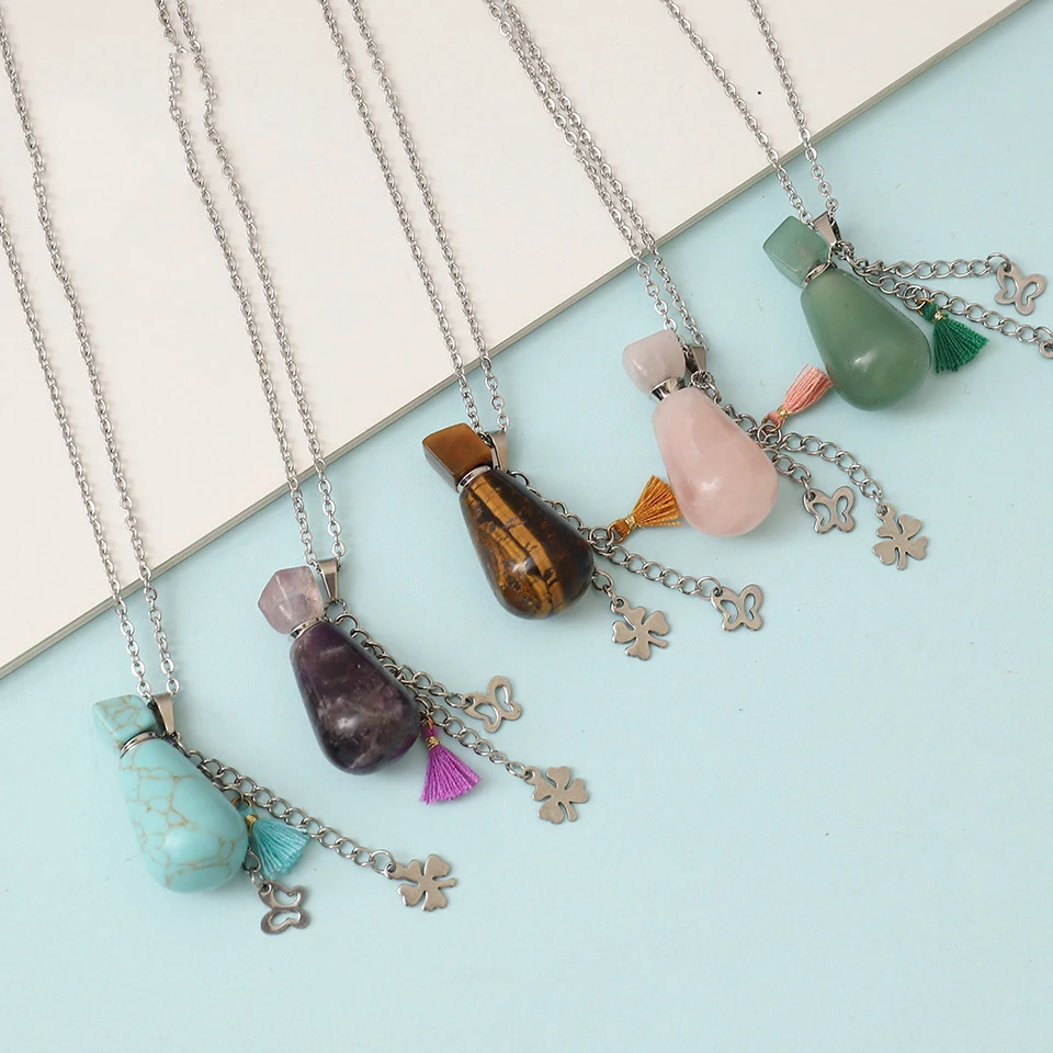 

Wholesale Perfume Bottle Pendant Stainless Steel Necklace Natural Jade Pendant Bottle Necklace