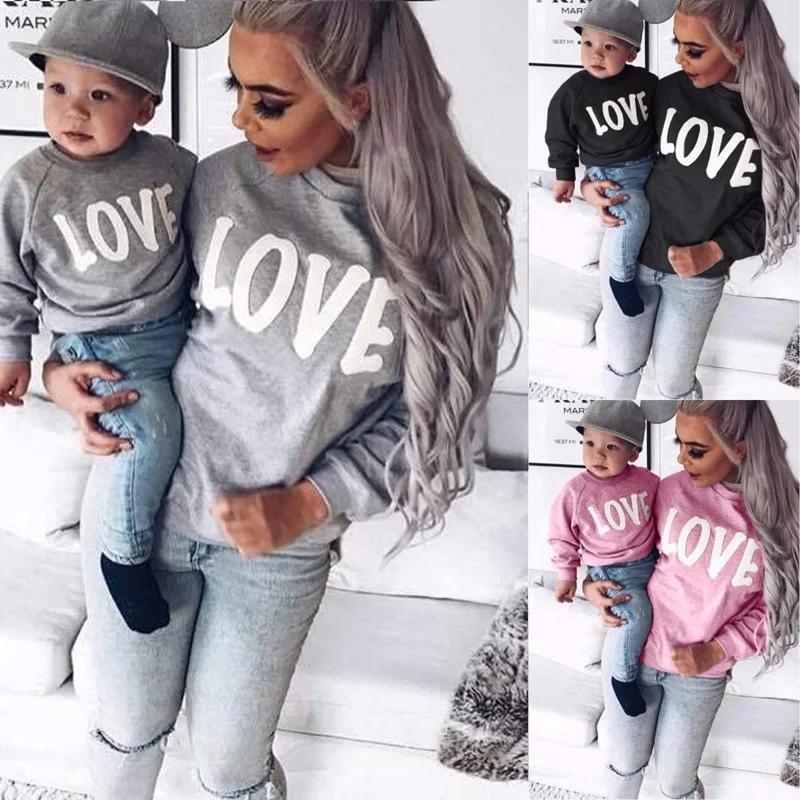 

LOVE mother daughter matching outfits parent-child outfit family matching clothing T-shirt, Black,pink,gray