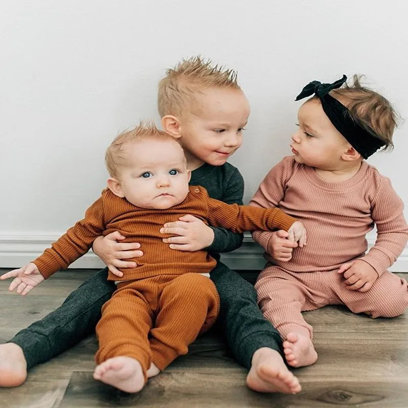 

Custom OEM ODM Infant Baby Boys Girls Clothing Casual Cozy Ribbed Cotton Pullover Top Pant Pajamas Set Toddler Lounge Wear, Photo showed and customized color