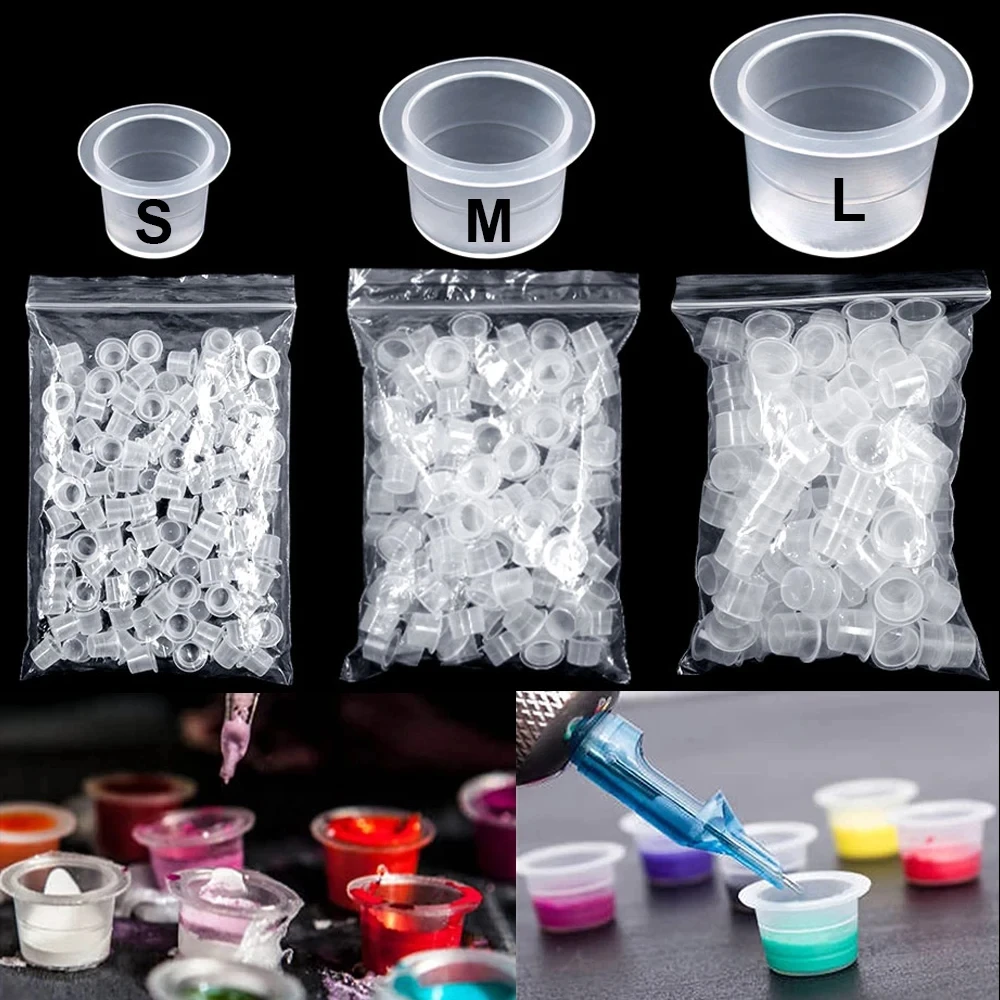 100pcs/bag Disposable Microblading Tattoo Ink Cups S M L Plastic Permanent Makeup Pigment Clear Holder Container Cap
