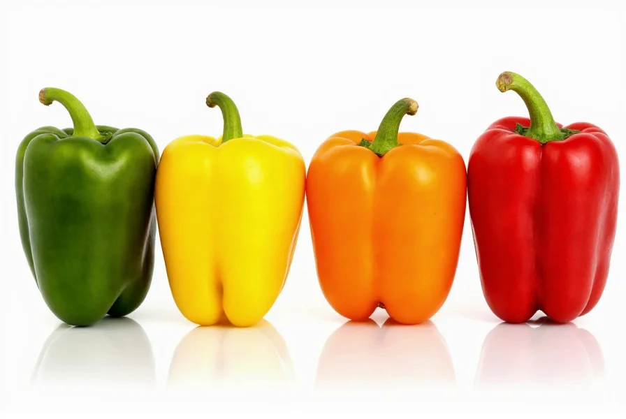 Comparison of green, yellow, orange, and red bell peppers showing ripening stages