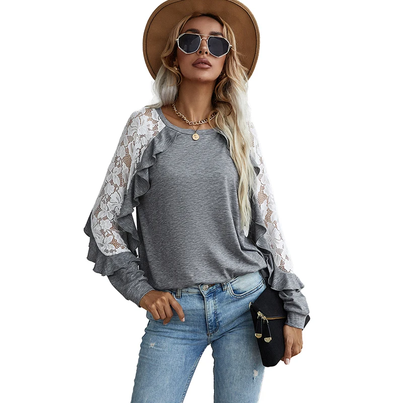 

New style women t-shirt loose lace patchwork long sleeve o-neck solid color ladies t-shirt