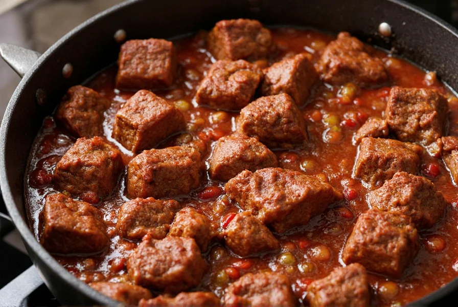 Beef chuck roast cubes in cast iron pot with spices for authentic chili con carne