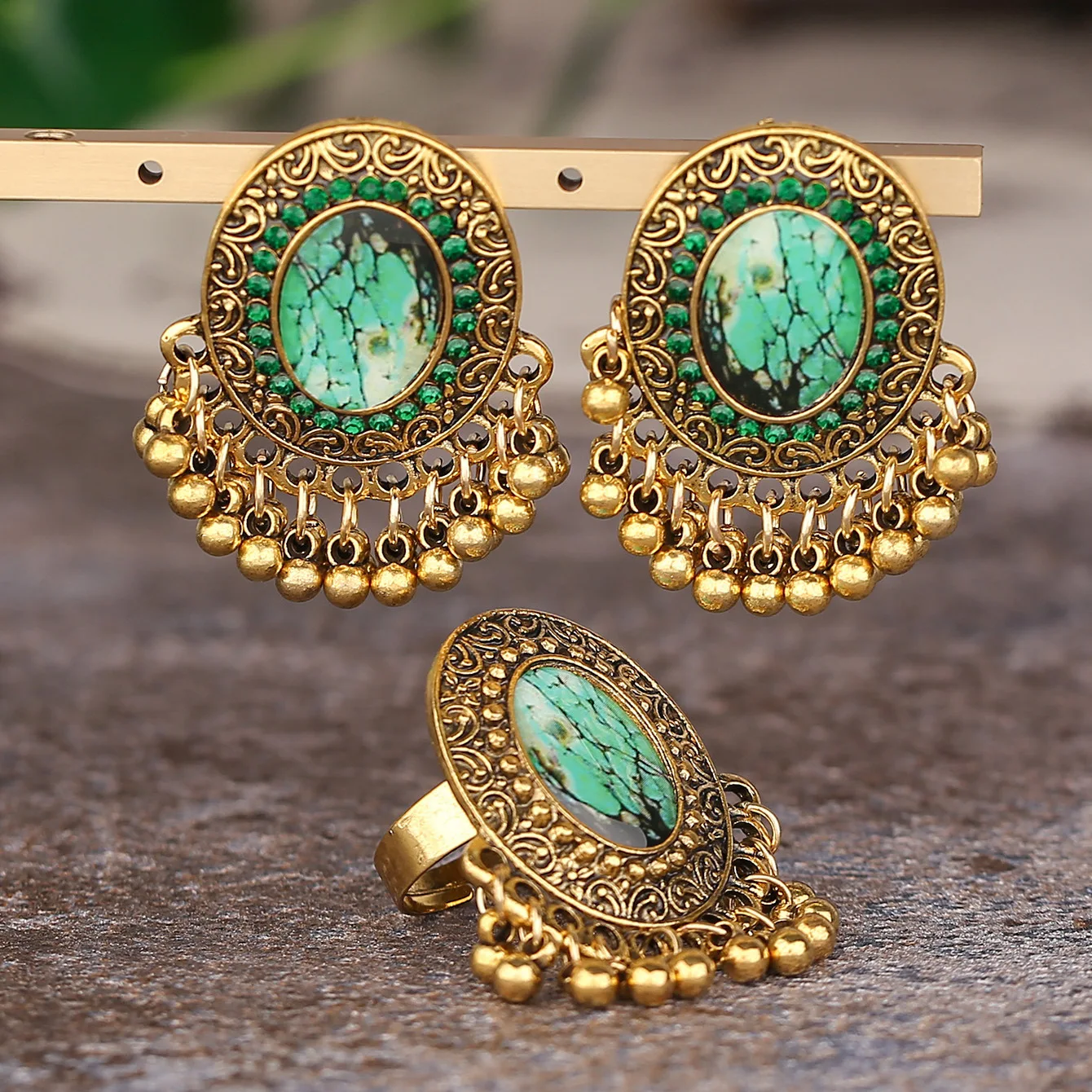 

Tourism Memorial Plated Ornament 3 Pcs Set Rings Stud Earrings Bohemian Jewelry For Women Ethnic Pendant Earrings