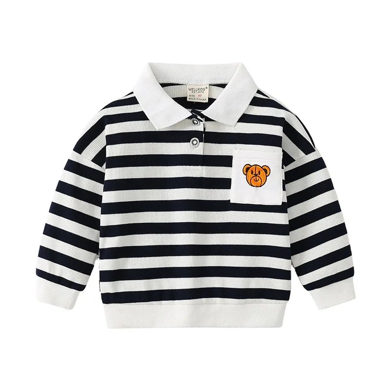 

2021 Fall New Boys Zebra Striped Lapel Sweater Bear Print Sweatshirt