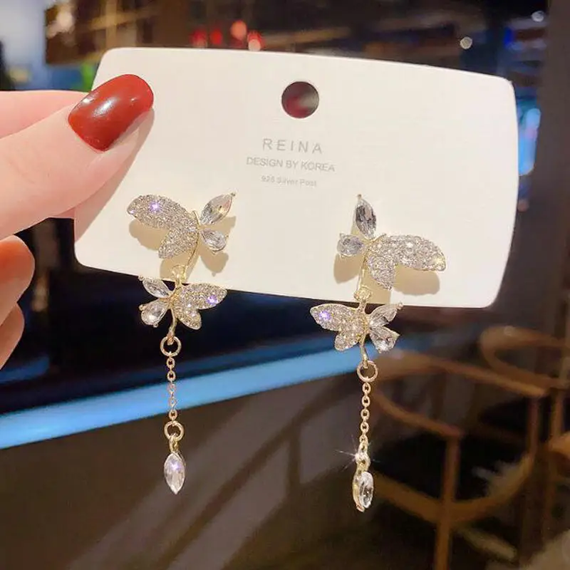 

Dazzling Women Jewelry CZ Zircon Crystal Tassel Butterfly Earrings, Picture