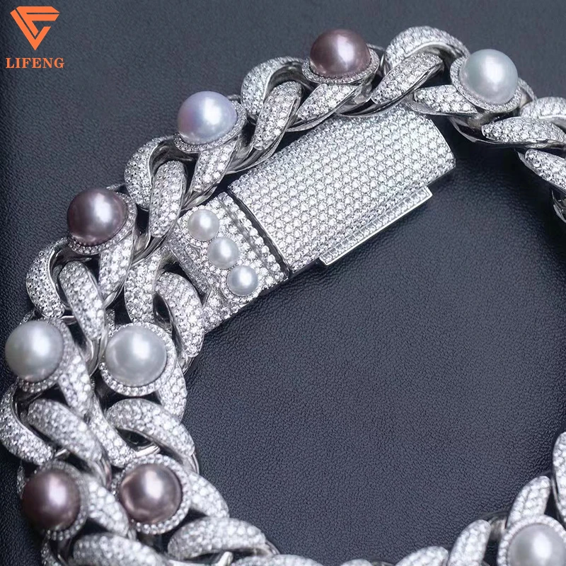 

2023 New Arrival Fashion Jewelry 18mm 925 Sterling Silver Hiphop Mens Pearl Necklace Iced Out VVS Moissanite Cuban Chain