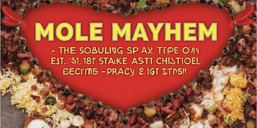 Tray of mole ingredients including chiles, spices, nuts, and chocolate