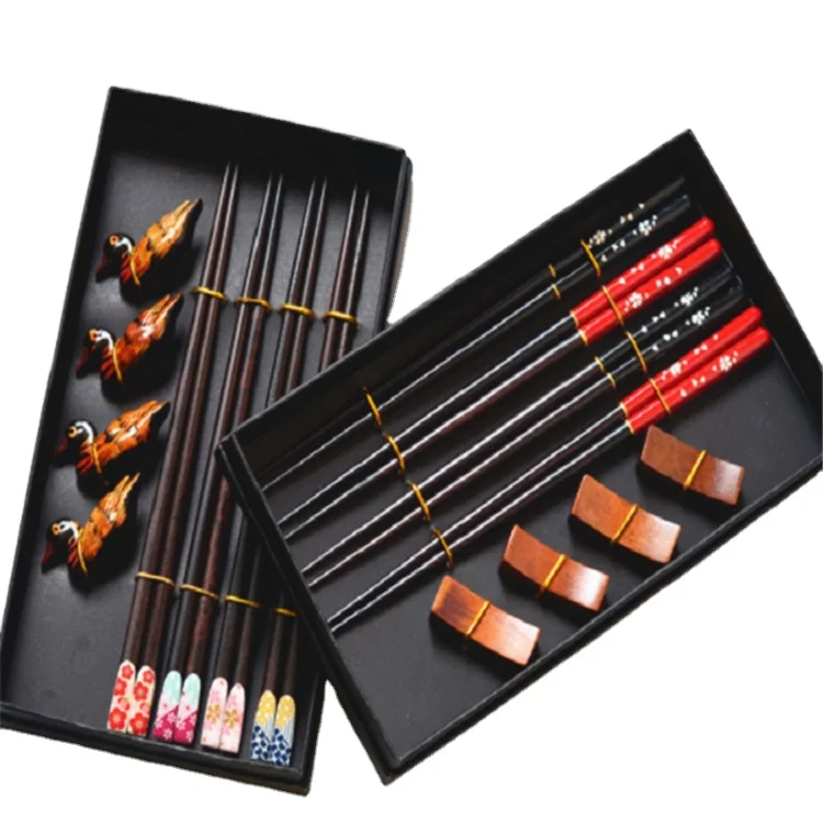 

Japanese Style Wedding Chopsticks Gift Set Reusable Natural Wood Sushi Chopstick Set, Black