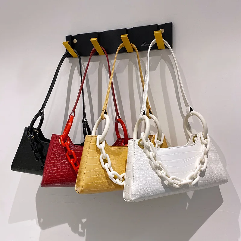 

2021 Designer Ladies Custom PU Leather Mini Shoulder Handbags With Thick Chain Armpit Bag Purses For Women, White/yellow/red/black//