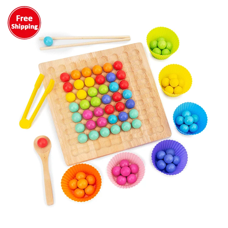 

Best Wooden Clip Beads Rainbow Toy Intelligence Training Early Education Puzzle Board Game, Colorful