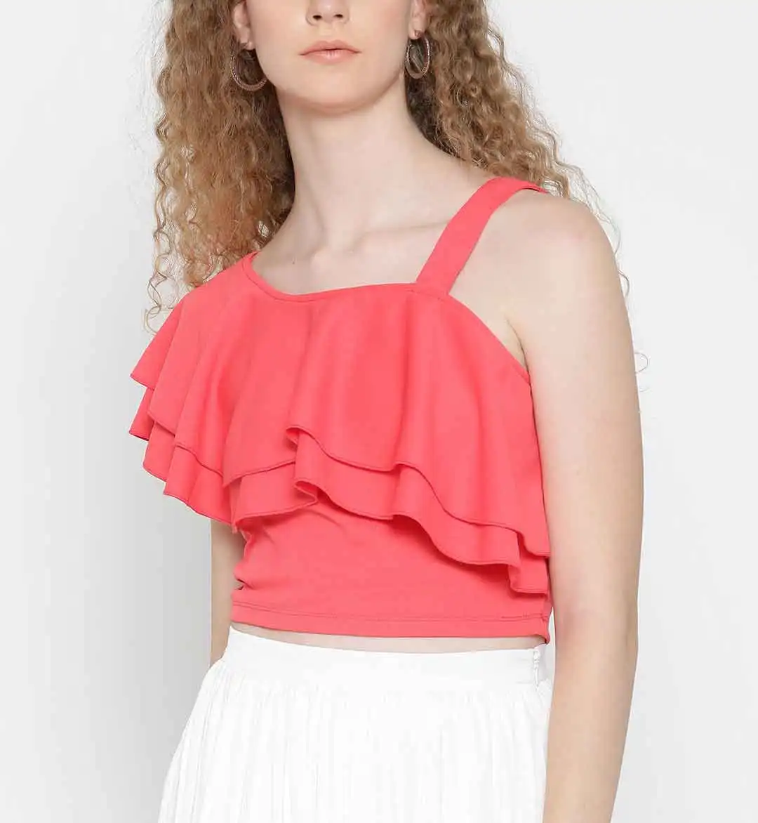 one shoulder ruffle crop top