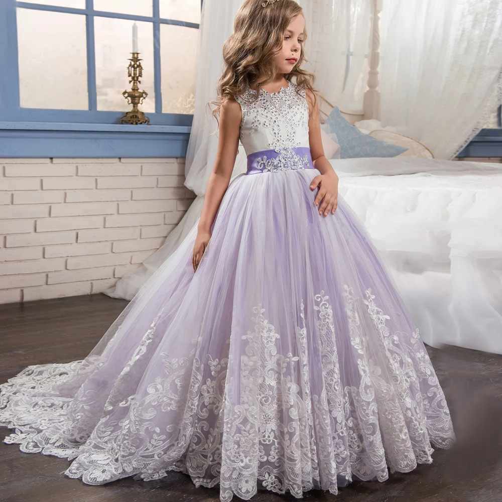 

Wholesale Kids Gown Girls Purple Dress Wedding Party Ball Gown Children Sleeveless Lace Tulle Bridesmaid Gown Dresses, White purple pink