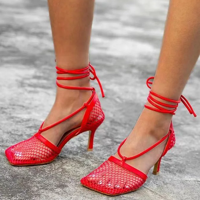 

Streetwear Breathable Mesh Upper Solid Square Toe Lace Up Summer Sandals Shoes Concise Fishnet Thin Heel Daily Pumps For Ladies, Apricot,black,white,red