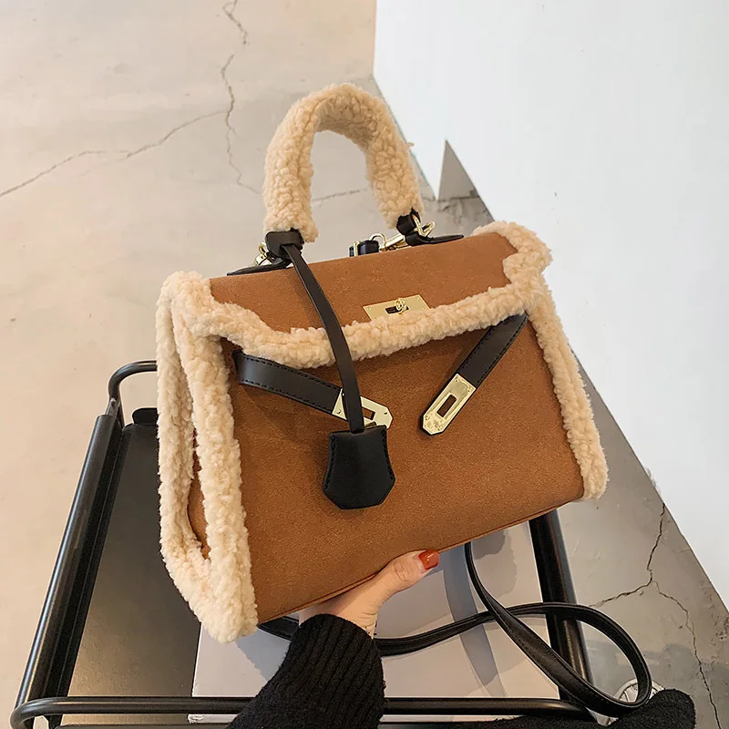 

2021 Fall Winter faux fur shoulder hand bag ladies fashion suede handbag with Plush fur crossbody luxury handbag for women, Black,brown