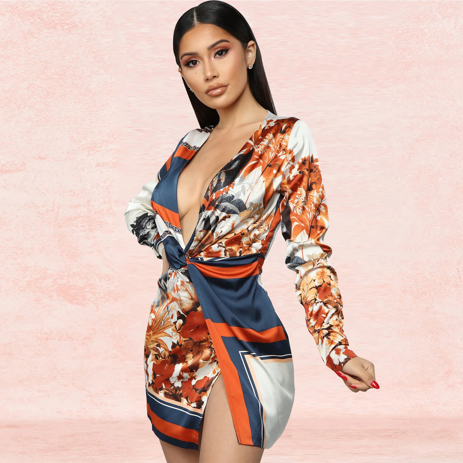 

MIYU 2021 summer women long sleeve mini dresses Sexy Floral Print women's casual Hollow Plung V Sexy Dresses For Women, Accept customized