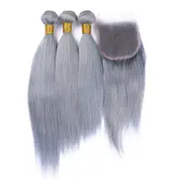 

Silver Gray Human Hair Virgin Brazilian Hair Weaves 3 Bundles with Closure Straight Colored Grey Human Hair Bundle