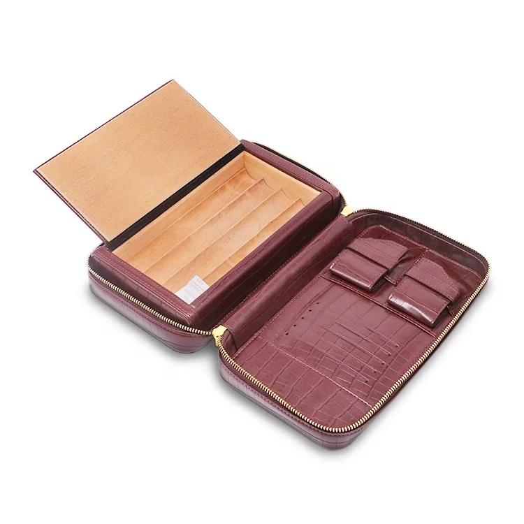 

Wholesale Custom Lined Cedar Wooden Travel Leather Cigar Case Humidor for Cigar Cutter Lighter, Brown