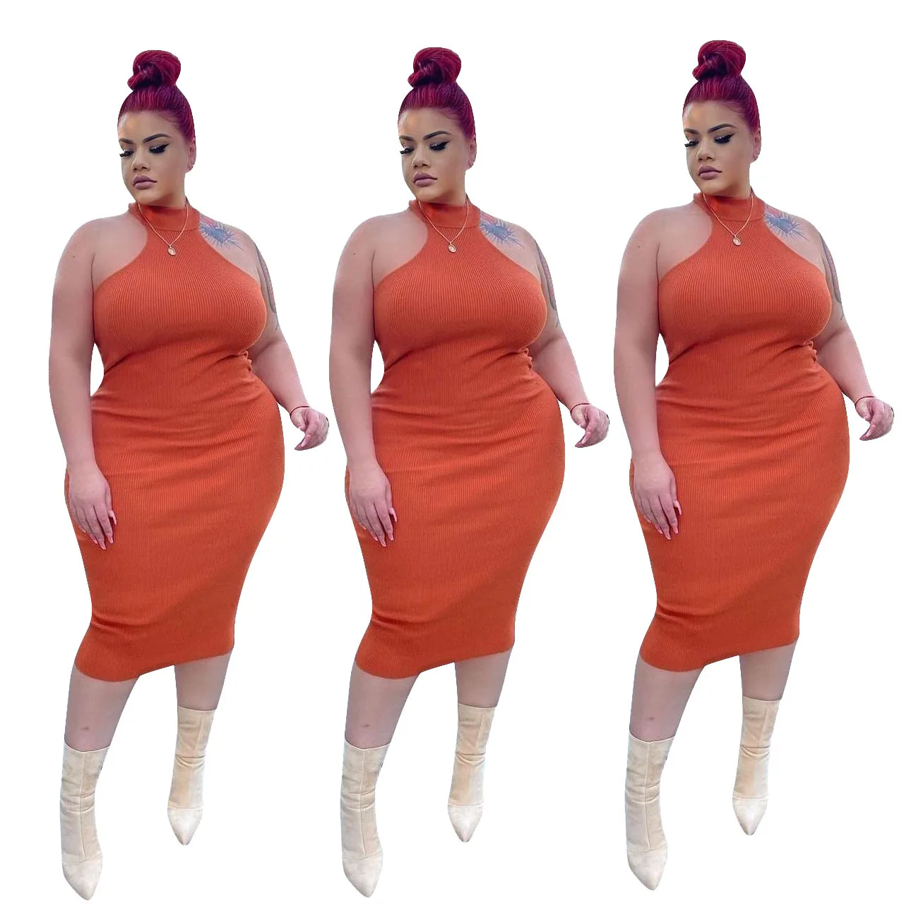 

F21636A in stock new Large size fashionable women's casual bodycon sexy dress plus size dresses for women, Orange