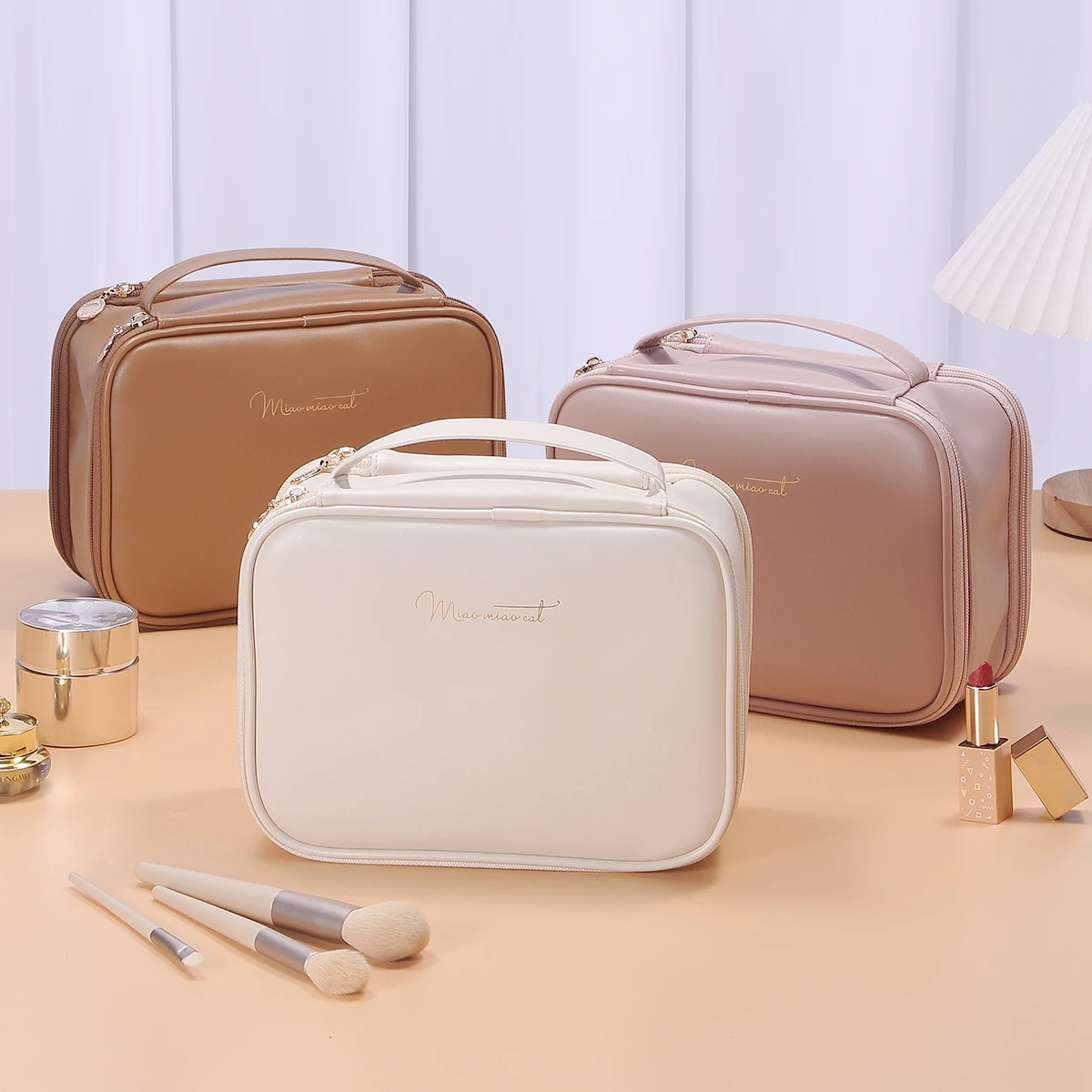 

Makeup Brush Cosmetic Bag Carry Handle Organizer 2 layer Small Makeup Pouch Holder PU Leather Case with Removable Divider