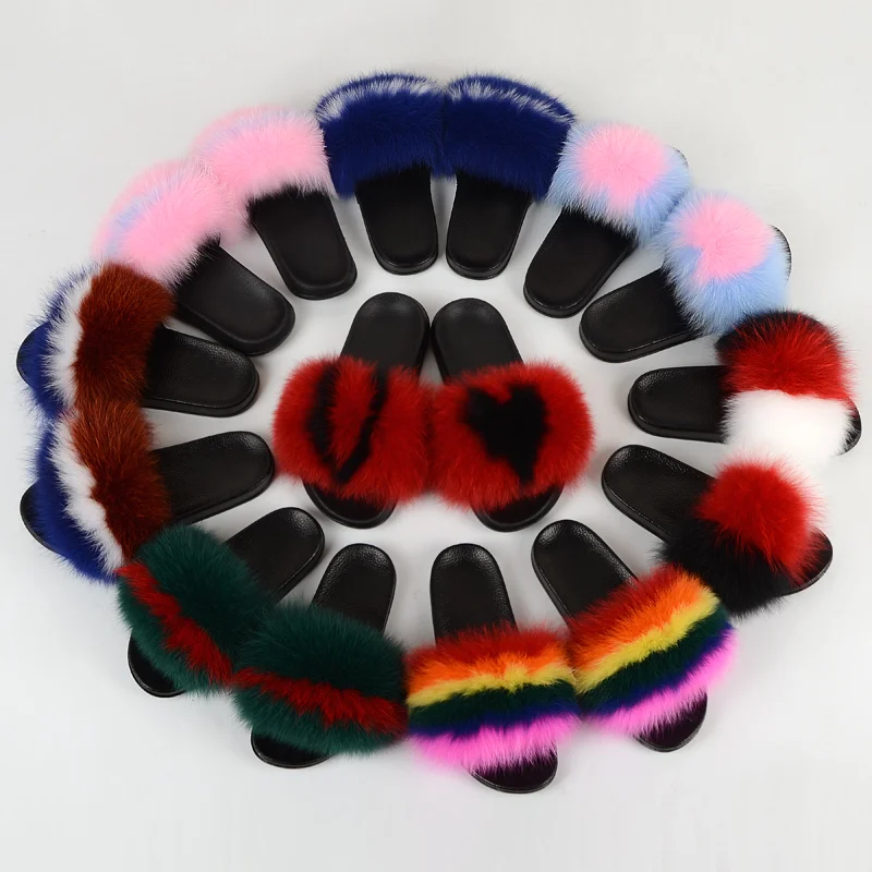

China factory wholesale colorful fluffy slippers white gray black fox raccoon fur slippers summer home sandals, Customized color