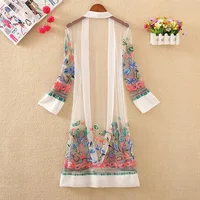 

New Women Floral Embroidered Long Jacket Summer Net Cardigan Casual Long Sleeve Thin Coats Ladies Vintage Beach White Outerwear