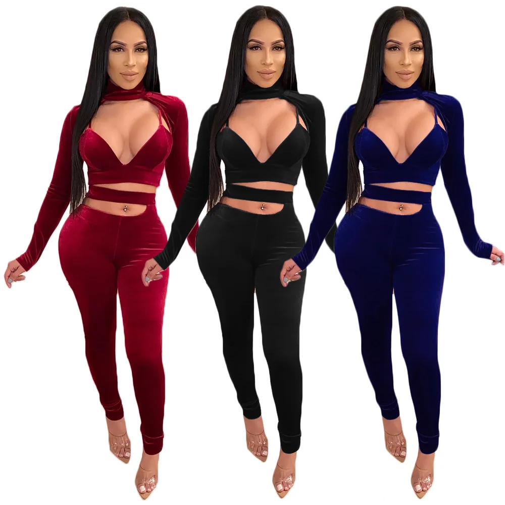 

MD-20123036 Velvet Tracksuits Long Sleeve Two Piece Set Winter Women Workout Fall Sexy Stacked Pants Jogger Set Sweat Suits