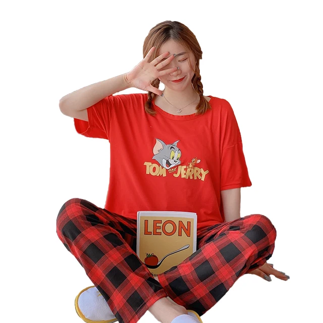 

Tom&Jerry cartoon printed soft fabric ladies casual clothes two piece print pants set for sleepwear, 4 colors