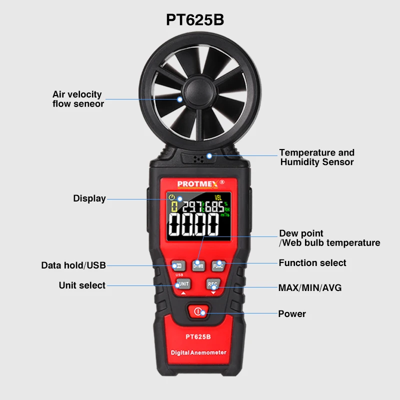 
2019 New product Digital wind Anemometer PT625B with USB Air Flow Meter For Wind Speed Measuring 