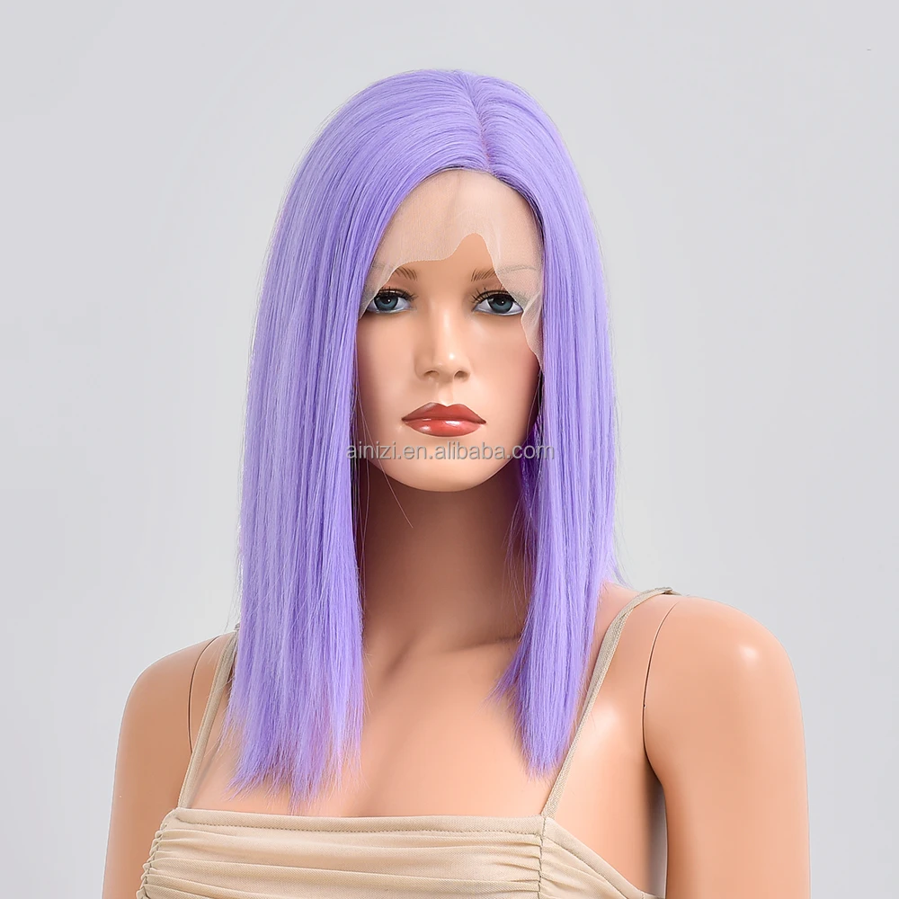 

Ainizi wholesale high quality fashionable short bob straight 14'' light purple synthetic T part lace front wig for women, Natural color lace wig