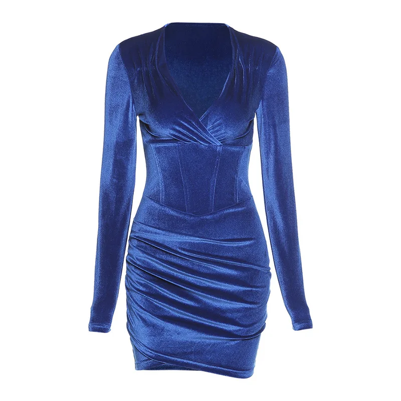 

B53911A Western style 2020 new fashion lady sexy low cut slim velour dress, Blue