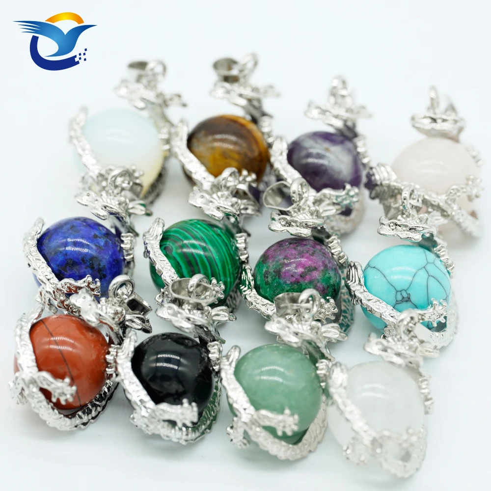 

Hot Selling Natural Stone Gemstone Round Ball wtih Silver Metal Lucky Dragon DIY For Necklace Pendant