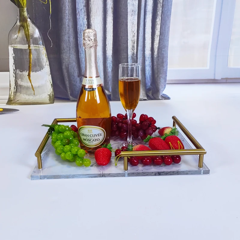 Modern Luxury Acrylic Food Serving Tray 6mm Thickness Customized Color Gold Handles Custom Logo Custom Packaging Home Restaurant