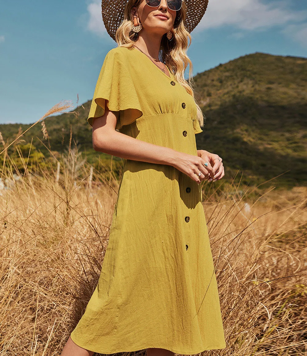 

New Arrival 2021 Summer Hot Selling Women's Casual Dress High Waist Flounce Solid Color Yellow Dress Summer Ladies Clothing