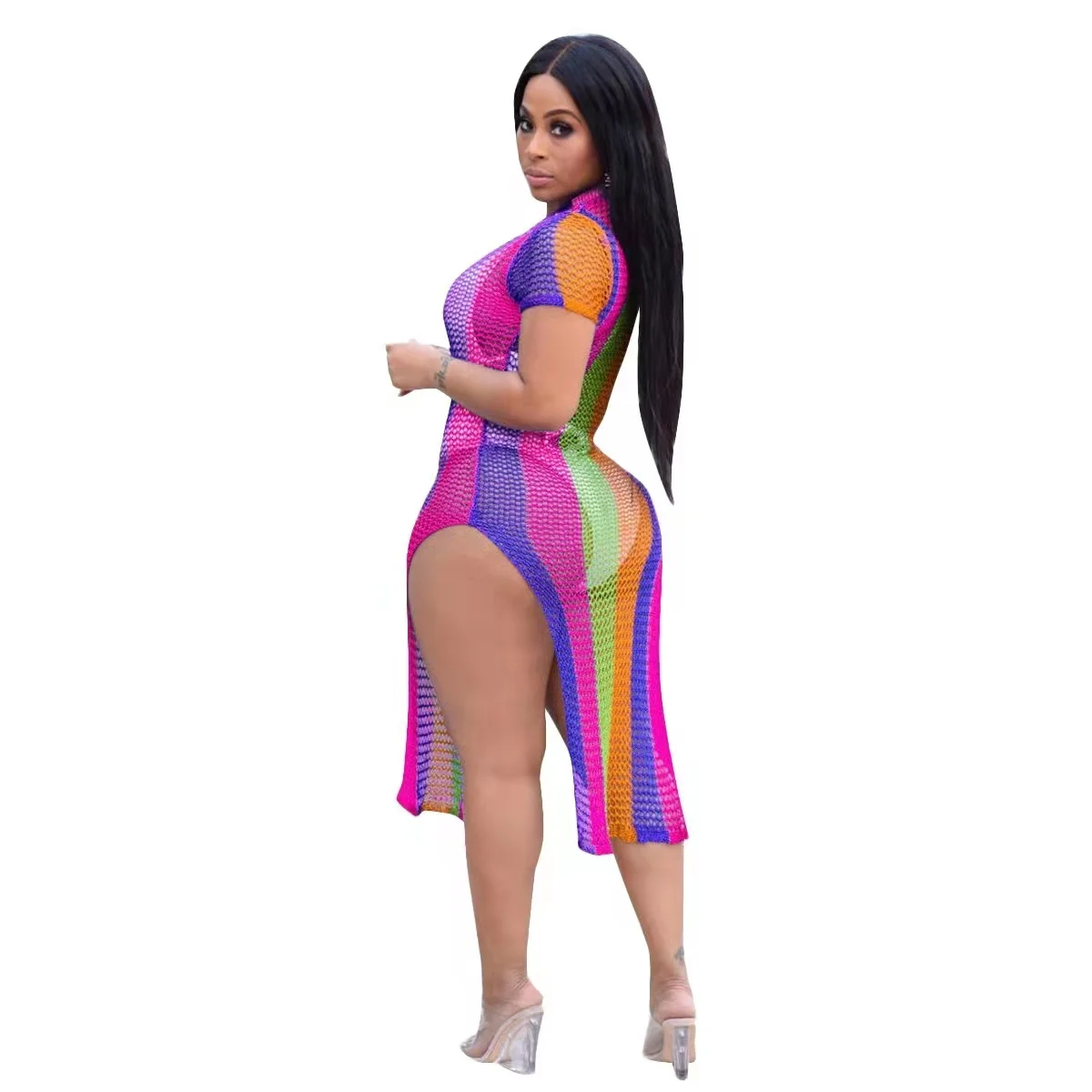

New arrivals 2021 fashion multicolor knit dress ladies sexy bodycon dres with double slit dresses club wear, 1color as picture