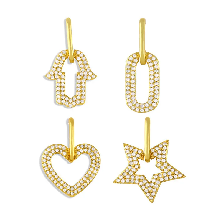 

EC1718 2021 Womans Fashion Gold Plated Clear CZ Micro Pave Heart Star,Crescent Hamsa Hand Circle Dangle Charm Huggie Earrings