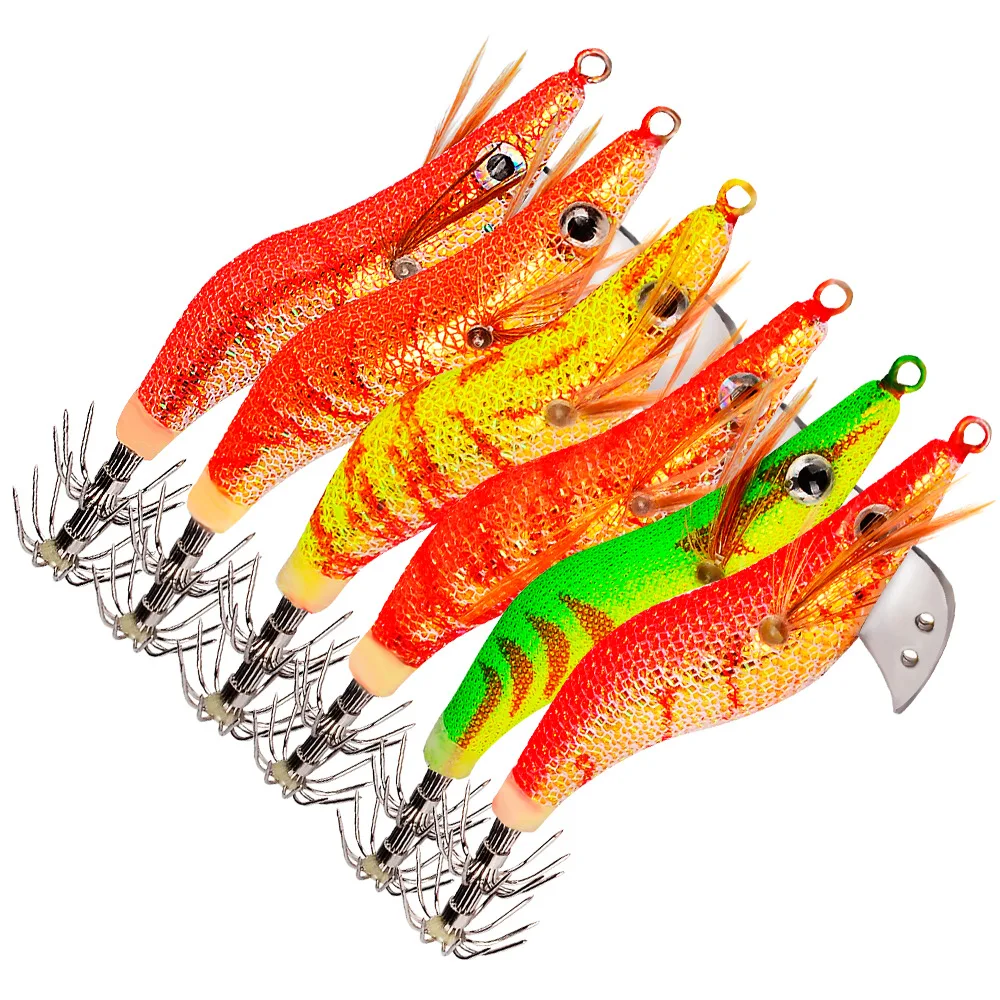 

6pcs/bag 11g/10cm Luminous Squid Jig Fishing Wood Shrimp Lure Cuttlefish Jigs Lures Wood Shrimp with 2.0# 2.5# 3.0# Hook, 6 color