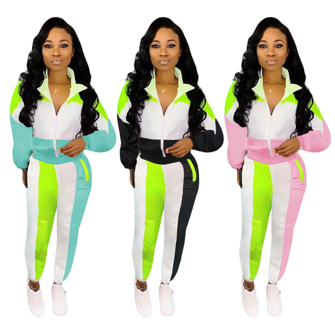 Two-piece set women clothing fashion turn down collars color patchwork  hot selling sport wear pants FM-S3717