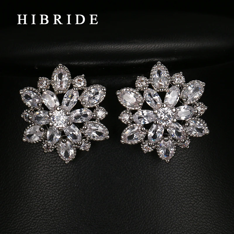 HIBRIDE 2017 Clear Crystal Big Flower Shape Earrings White Gold Color Zirconia Stud Earring Party Gifts E-60