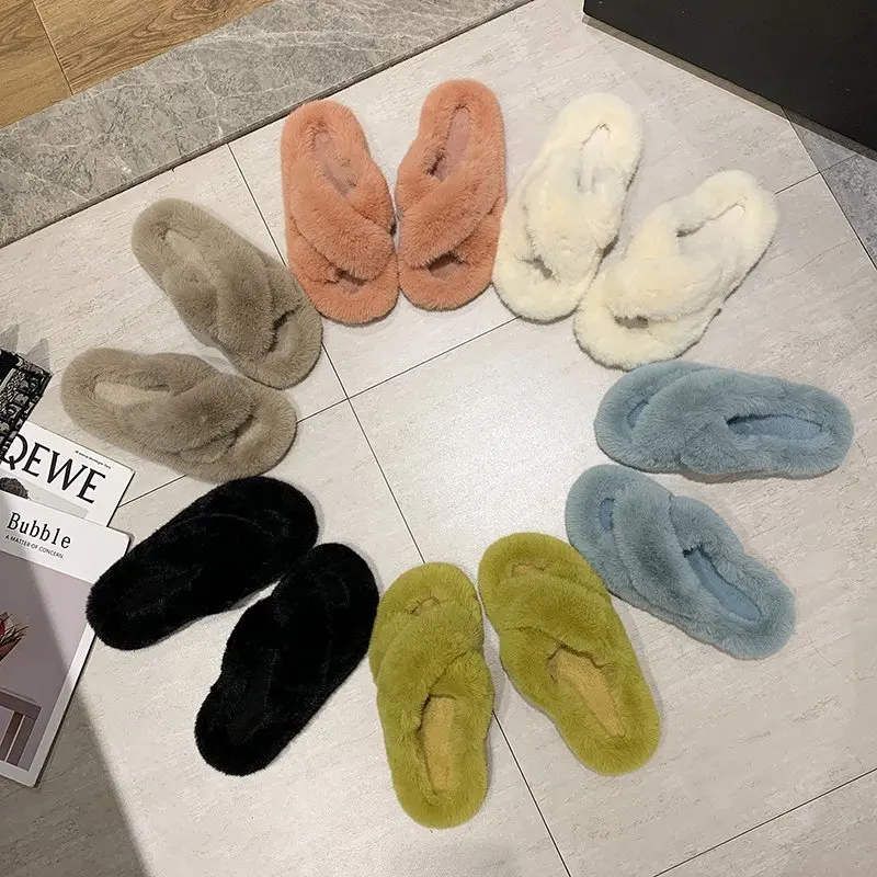 

Custom Winter Fashion Simple Home Soft Bottom Women Fluffy Plush Indoor Slipper Slippers Fur Fluffy Indoor House Slippers, 6 colors