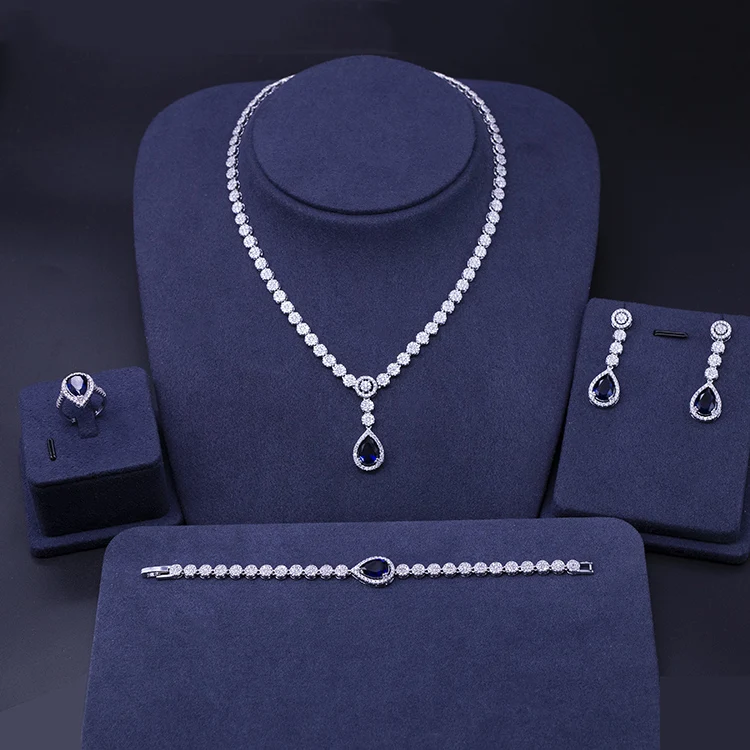 

4 in 1 Necklace Earring Ring Bracelet Micro Pave CZ Zirconia Stone Evening Dress Wedding Accessories Bridal jewelry Set JSM-4006, White gold