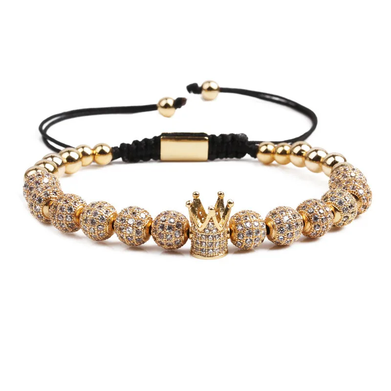 

Luxury Custom Hand Jewelry Silver Zircon Crown Bracelet 12pcs 8mm CZ Balls Imperial Crown Charm Braided Macrame Bracelet, Silver, gold, black, rose gold
