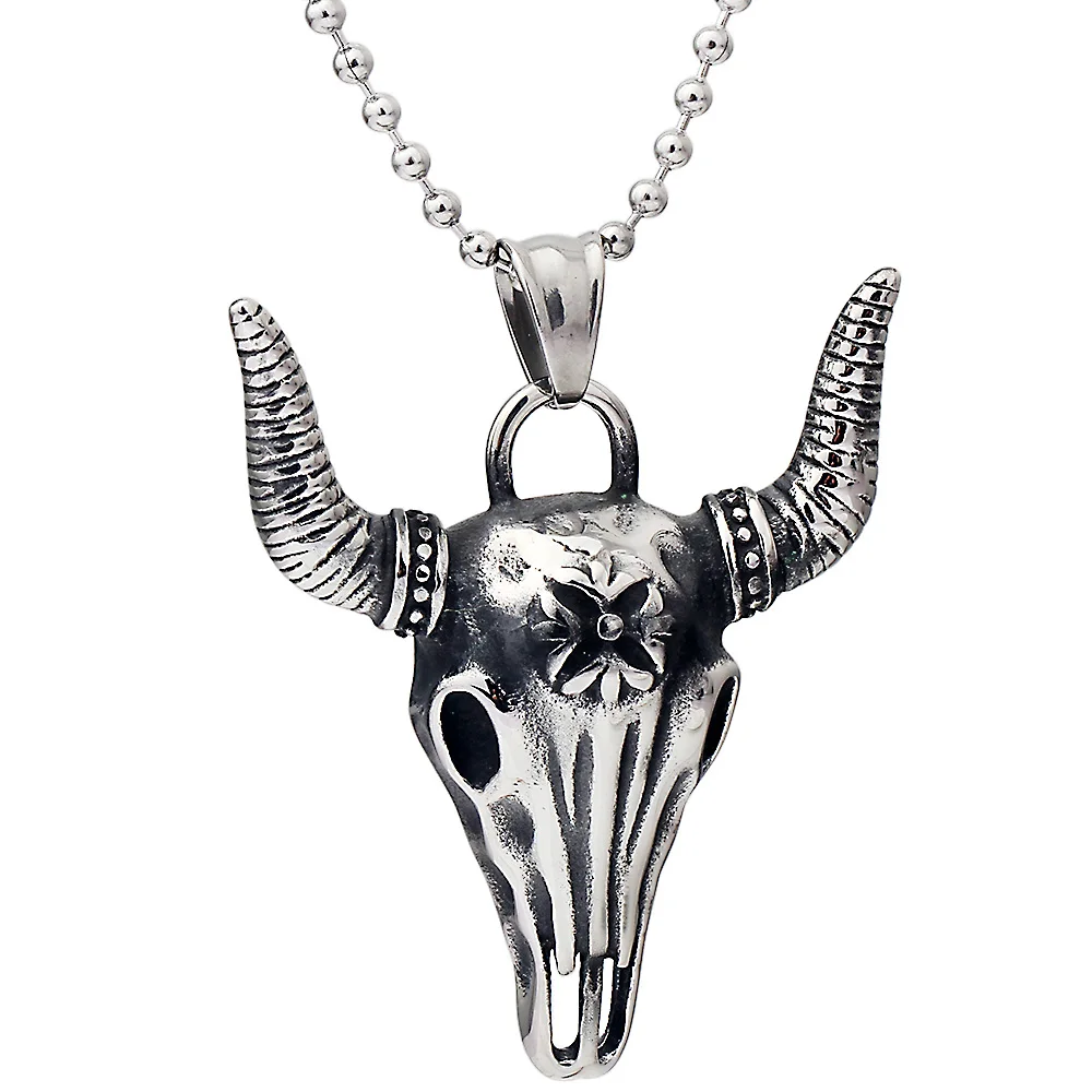 

African Tribe Style Skull Head Bull Pendant Necklace For Man Boy Gothic Men's Stainless Steel Cow Jewellery, Customized color