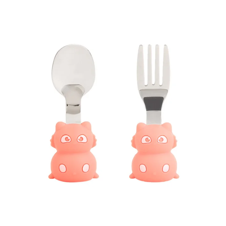 

High Quality Hot Sale BPA- Free Cute Baby Stainless Steel Silicone Feeding Spoon And Fork Set, Customized