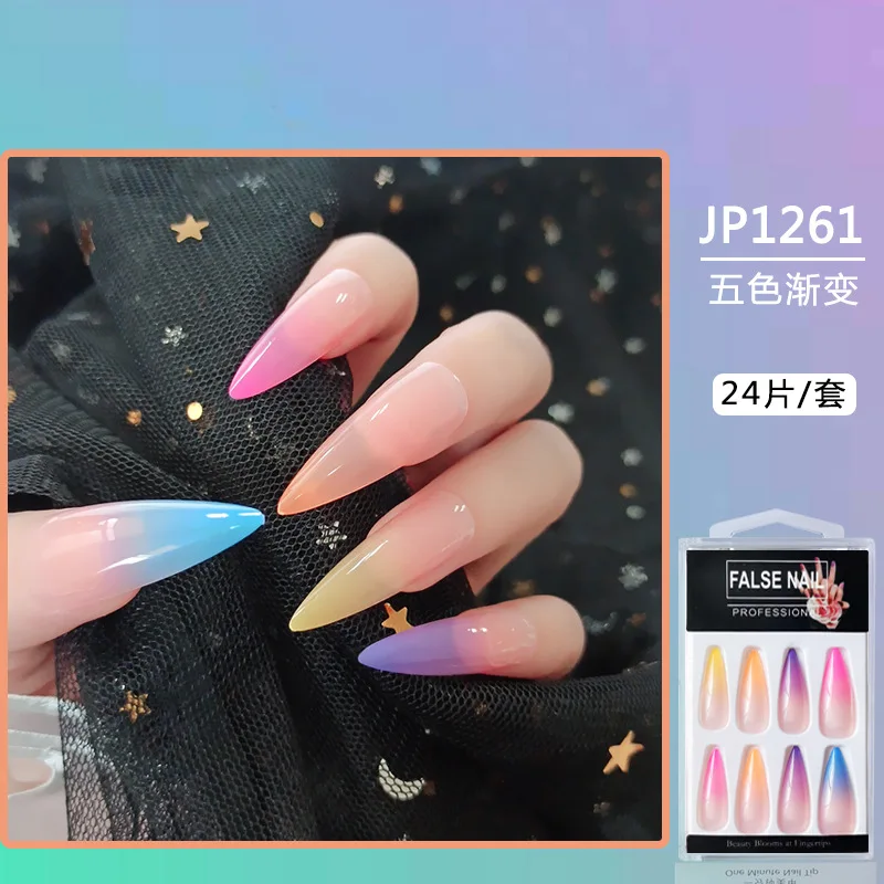 

JP1261 European and American long ballet nail candy finished nail hook plastic box rainbow gradual change coffin nail tips, Picture